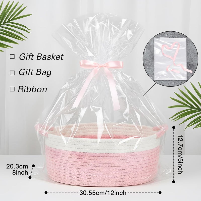 Colingmill Valentine's Day Woven Gift Basket with Gift Bags and Ribbons 12"x8"x5" Empty Cotton Rope Storage Basket for Birthdays, Baby Showers, Wedding DIY Presents(Pink) - Image 2